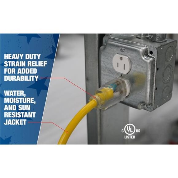 Outdoor Extension Cord, 50 Ft, 12 gauge 3 prong, Heavy Duty, SJTW Cord, Yellow - Picture 6 of 16